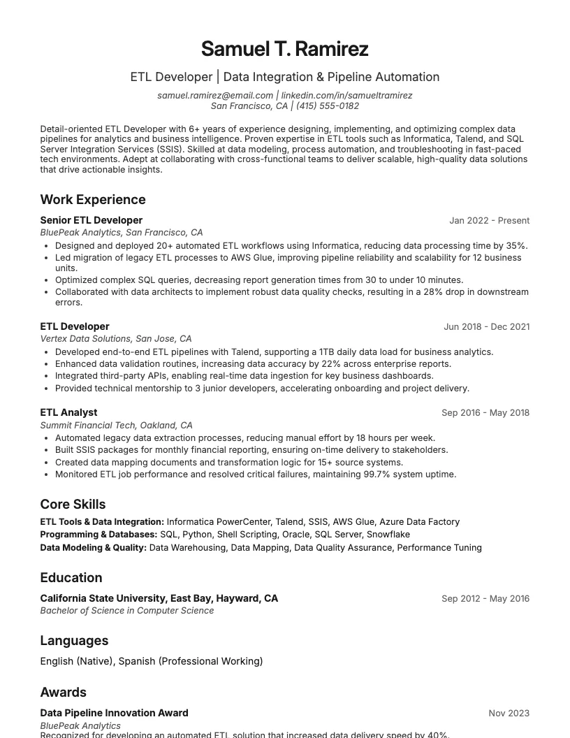 ETL Developer Resume Example