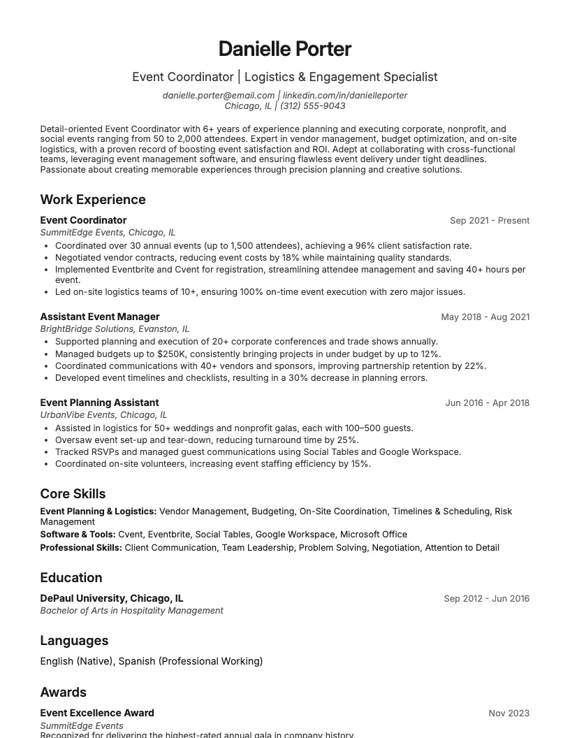 Special Events Coordinator Resume Example