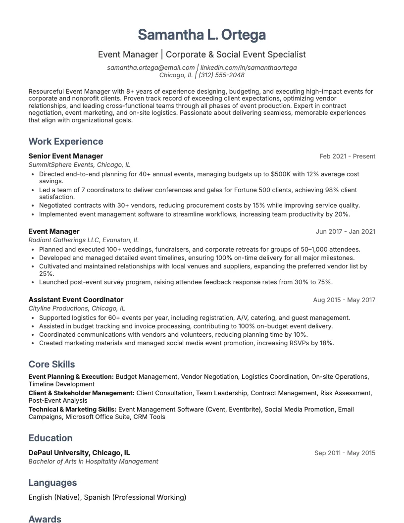 Event Manager Resume Example