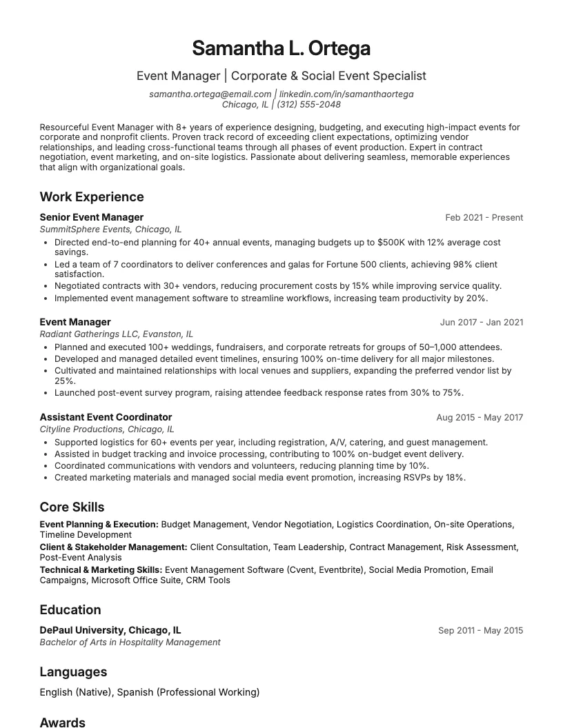 Event Manager Resume Example