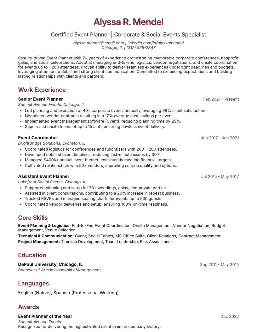 Meeting Planner Resume Example