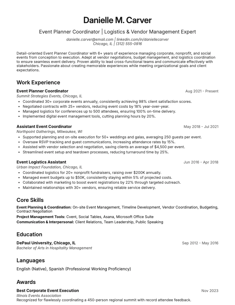 Event Planner Coordinator Resume Example