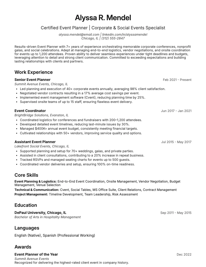 Event Planner Resume Example