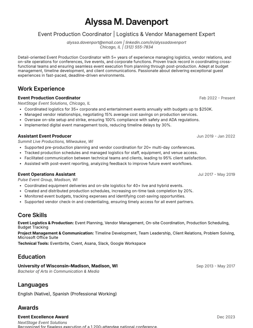 Event Production Coordinator Resume Example