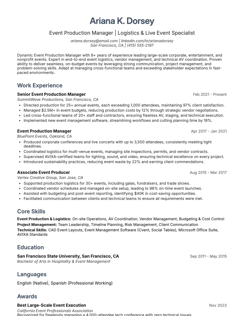 Event Production Manager Resume Example