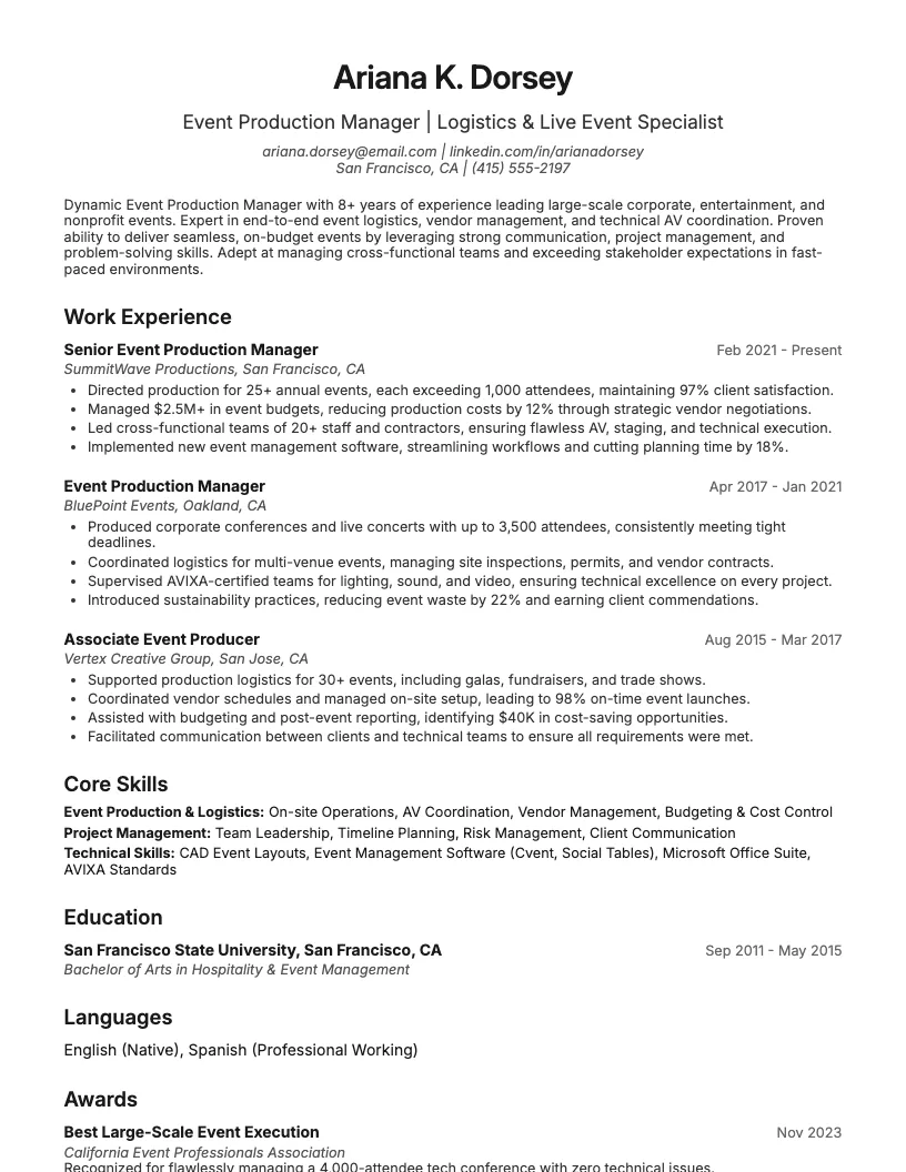 Event Production Manager Resume Example