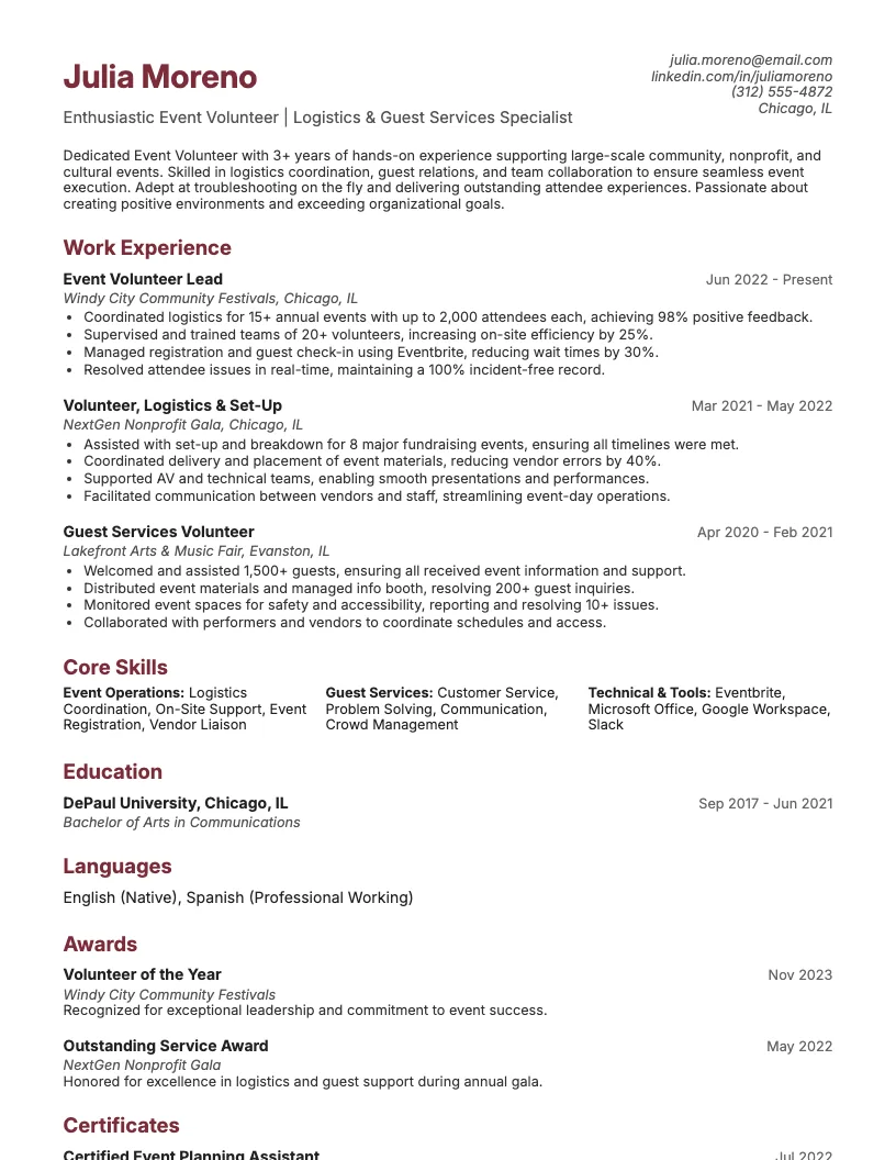 Event Volunteer Resume Example