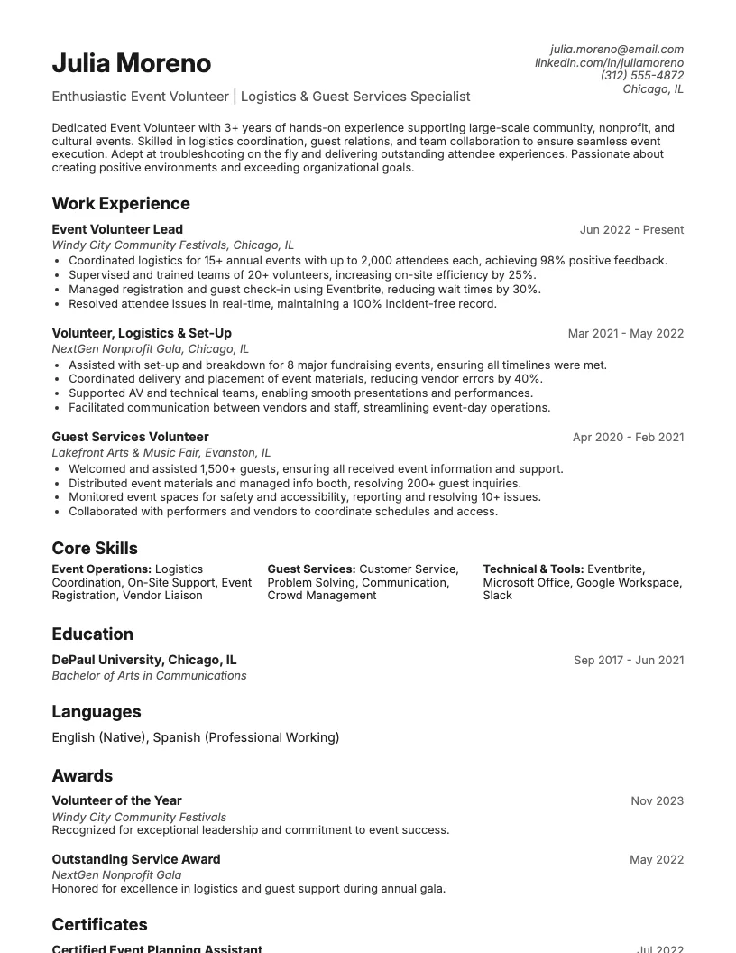 Event Volunteer Resume Example