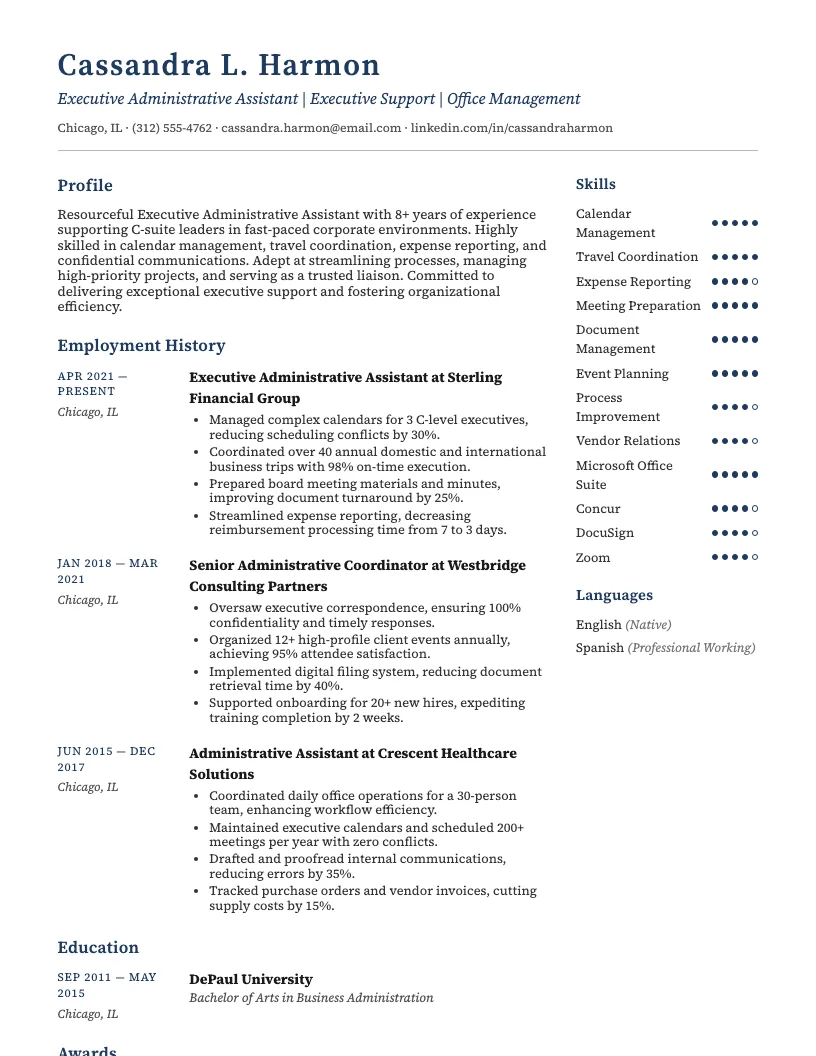Executive Administrative Assistant Resume Example