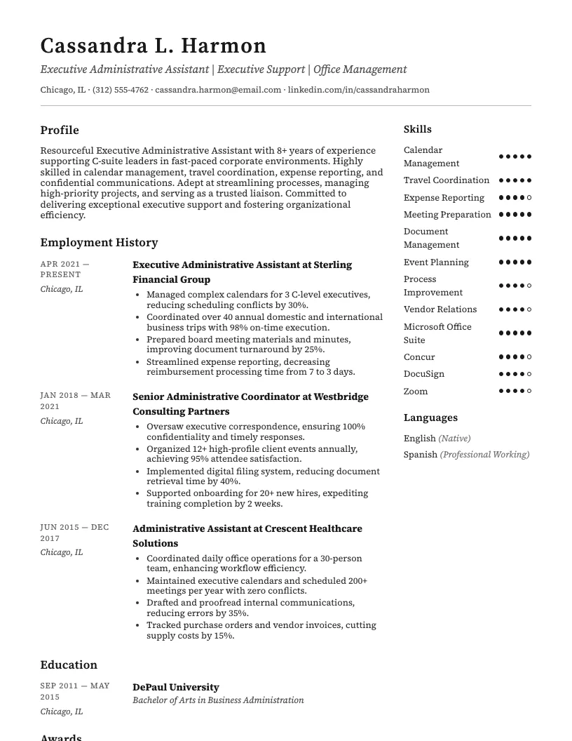 Executive Administrative Assistant Resume Example