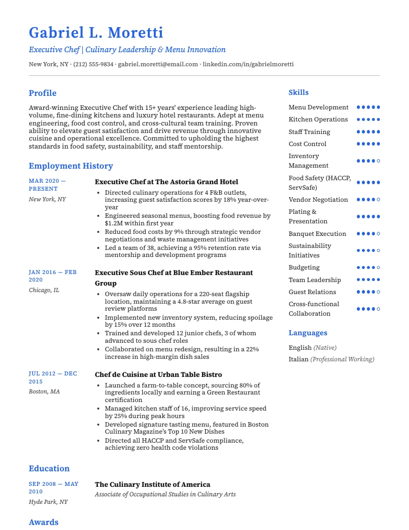 Executive Chef Resume Example
