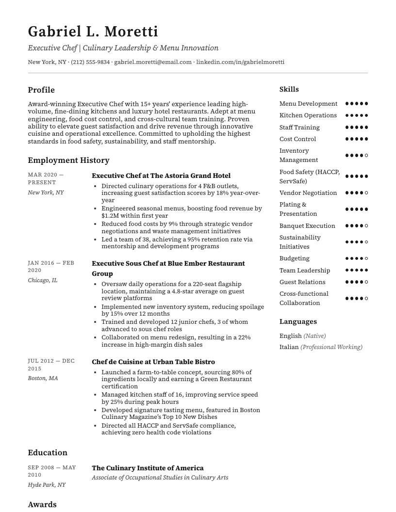 Executive Chef Resume Example