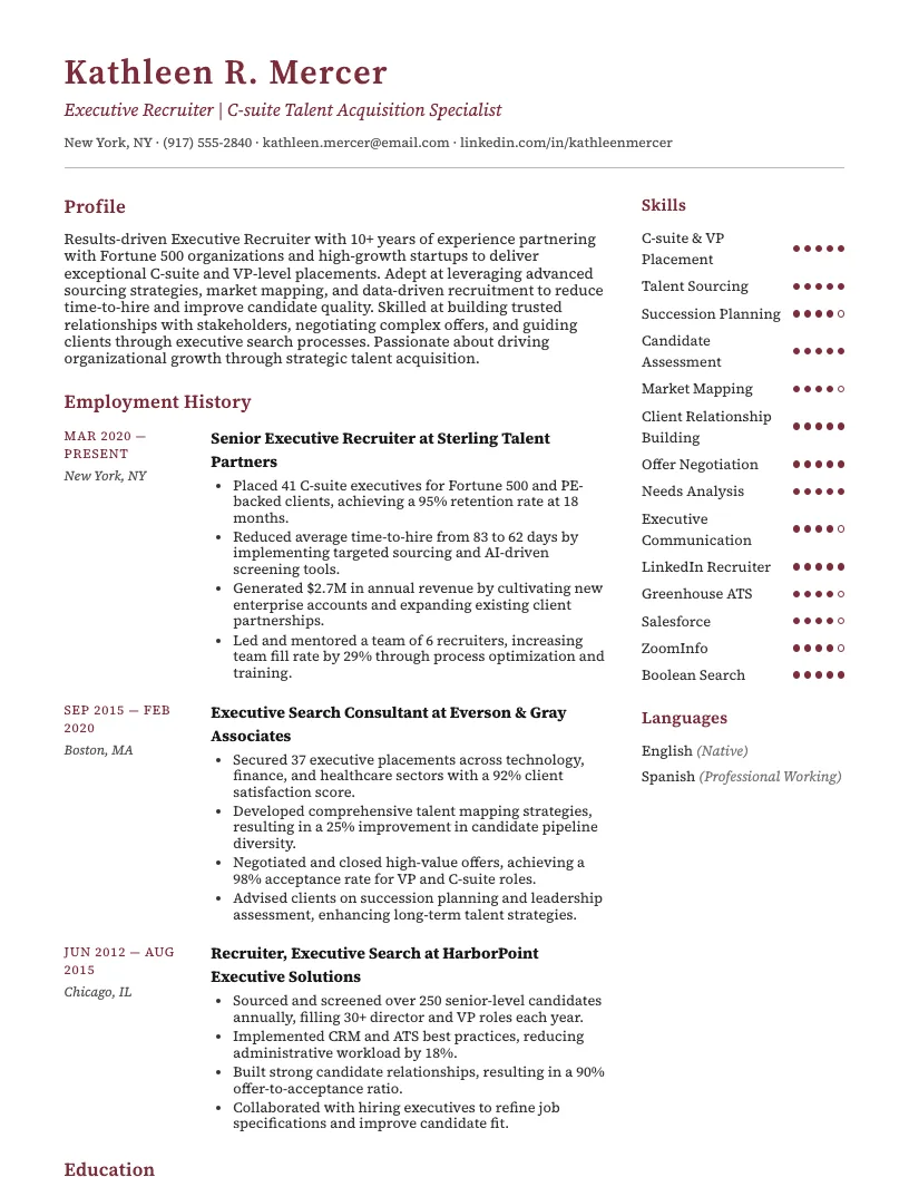 Executive Recruiter Resume Example