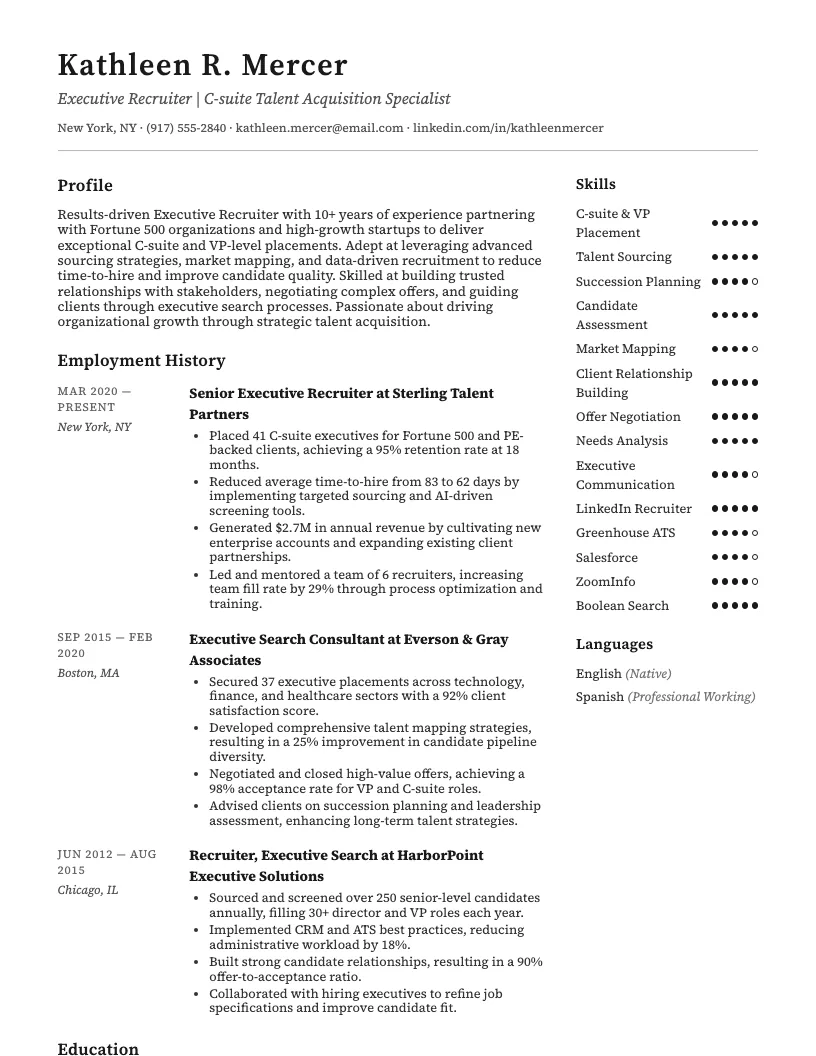 Executive Recruiter Resume Example