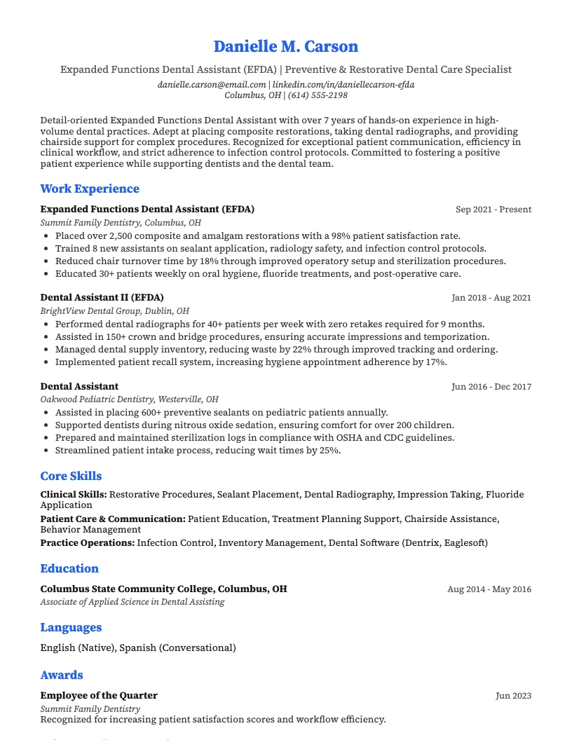 Expanded Functions Dental Assistant Efda Resume Example