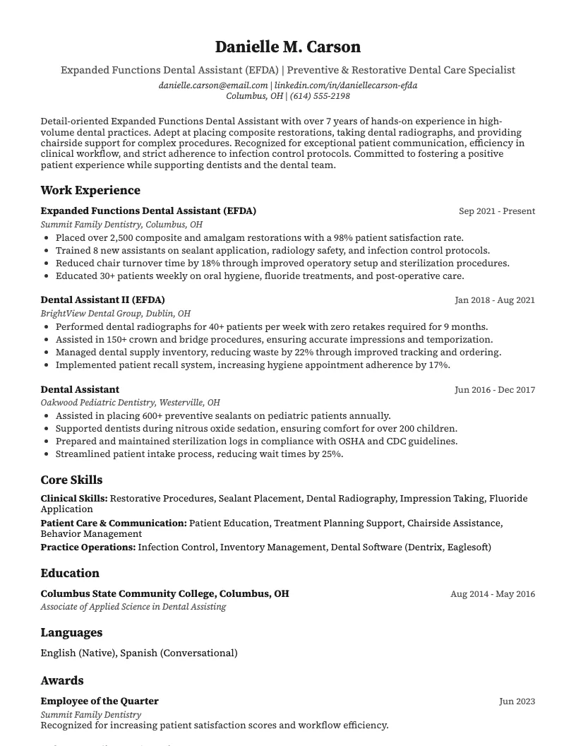 Expanded Functions Dental Assistant (EFDA) Resume Example
