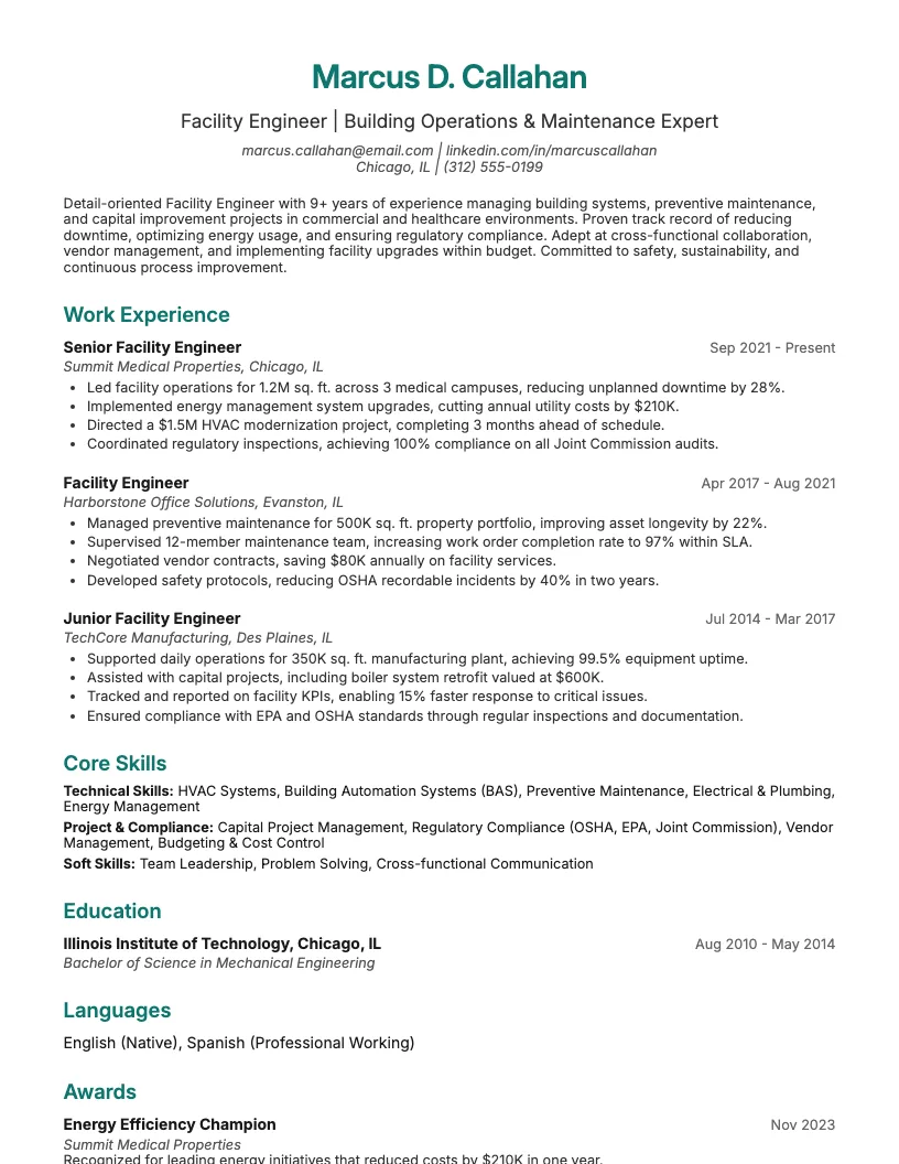 Facilities Engineer Resume Example