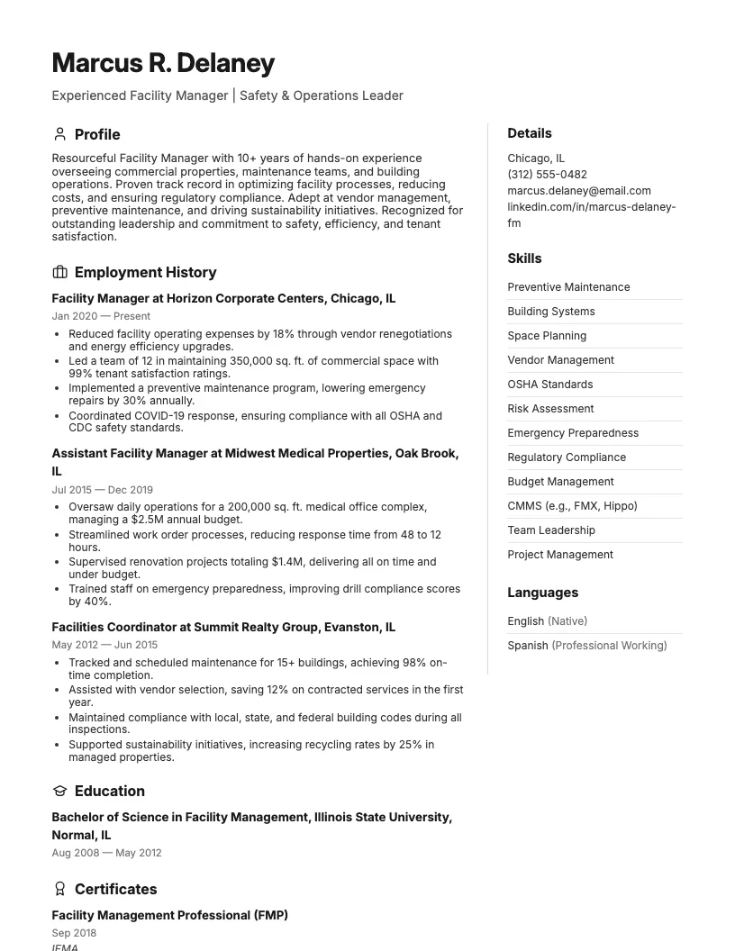 Facility Manager resume example