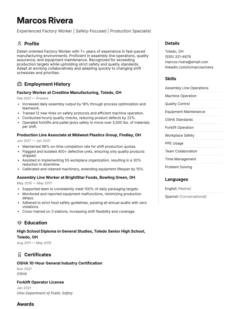 Factory Worker Resume Example