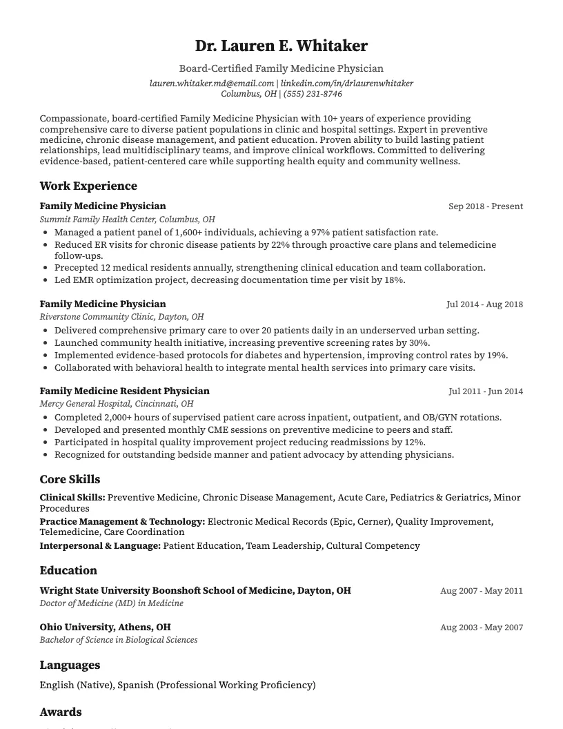 Family Medicine Physician Resume Example
