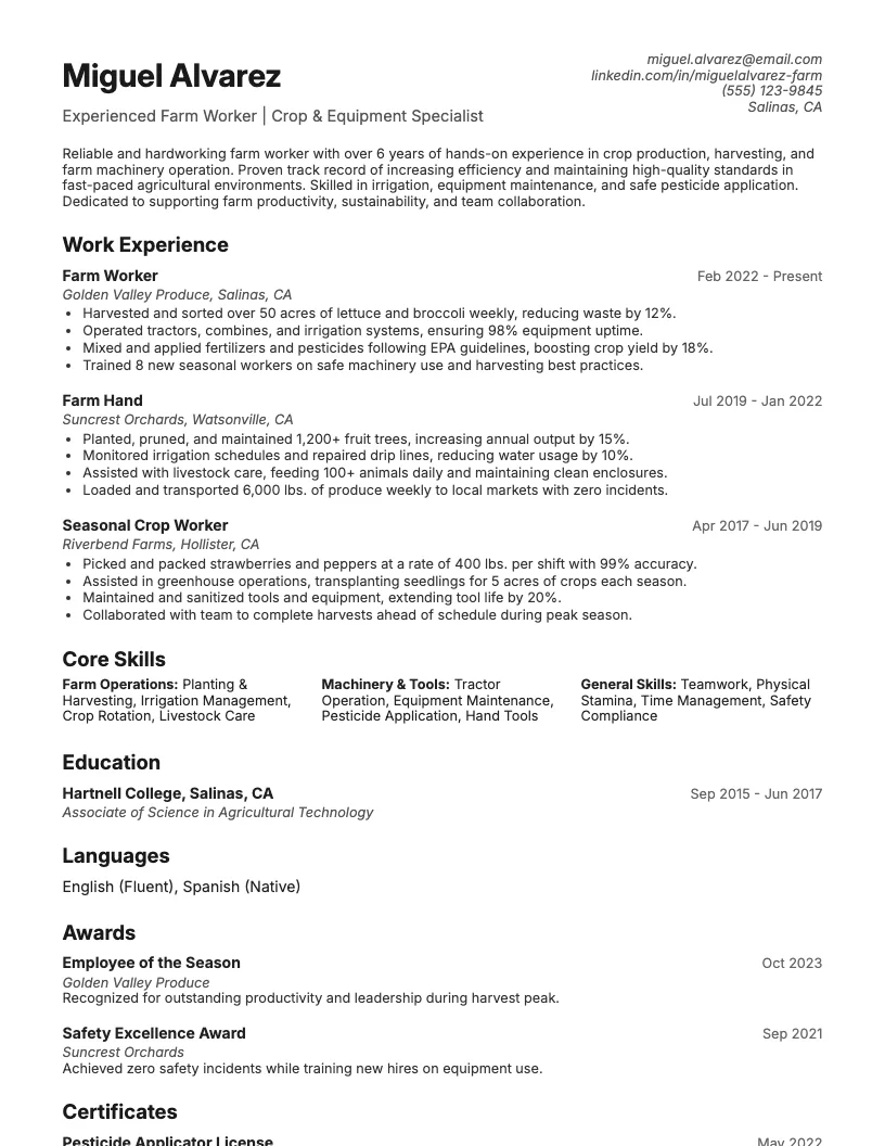 Farm Worker Resume Example