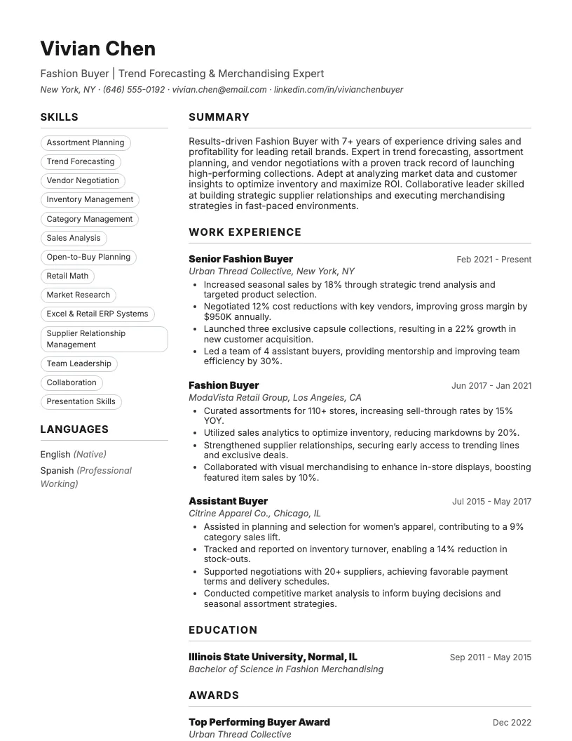 Fashion Buyer Resume Example