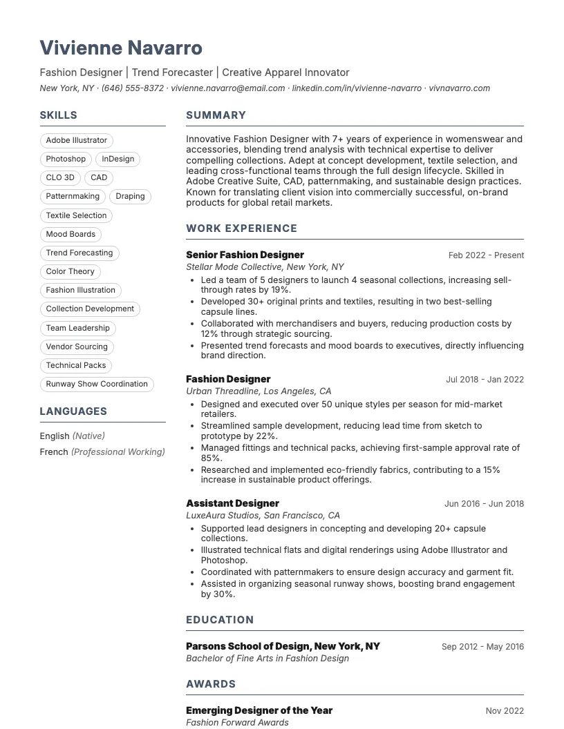 Fashion Designer Resume Example