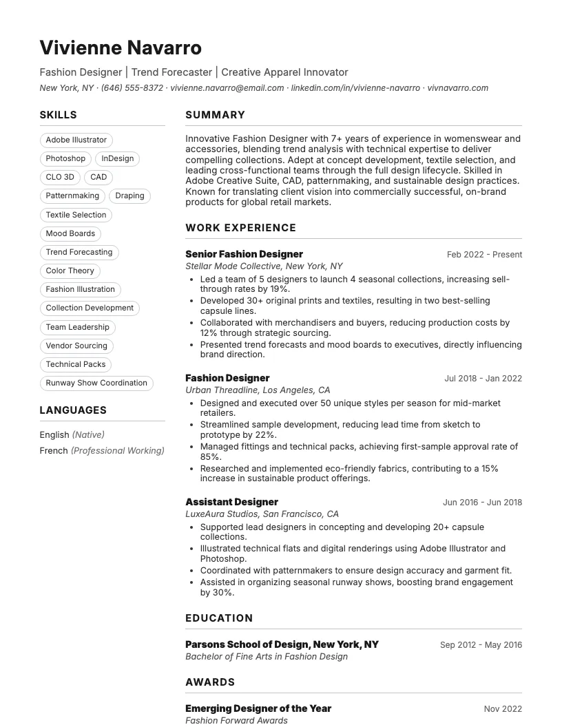 Fashion Designer Resume Example