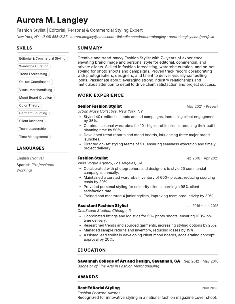 Fashion Stylist Resume Example