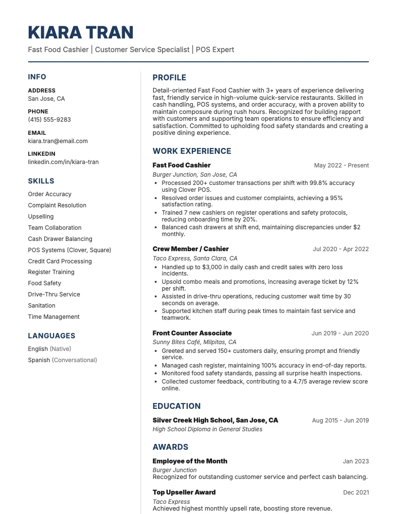 Fast Food Cashier Resume Example