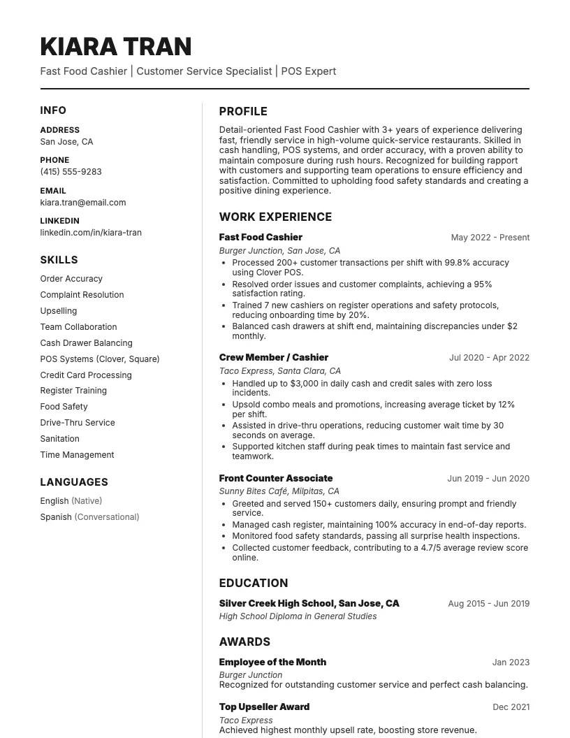 Fast Food Cashier Resume Example