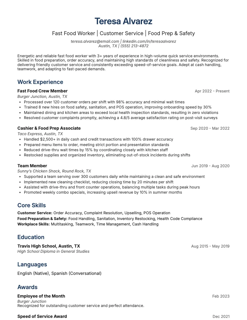Drive-Thru Operator Resume Example