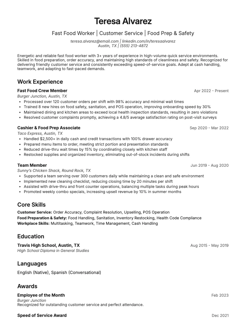 Fast Food Worker Resume Example