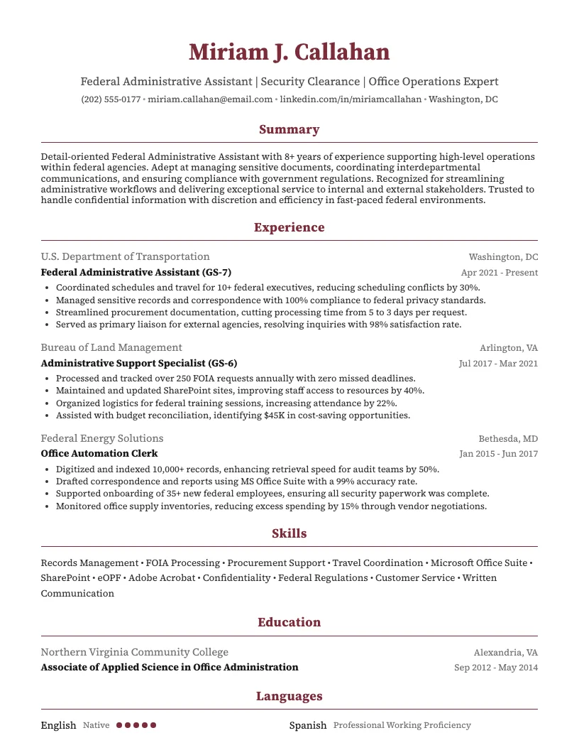 Federal Administrative Assistant Resume Example