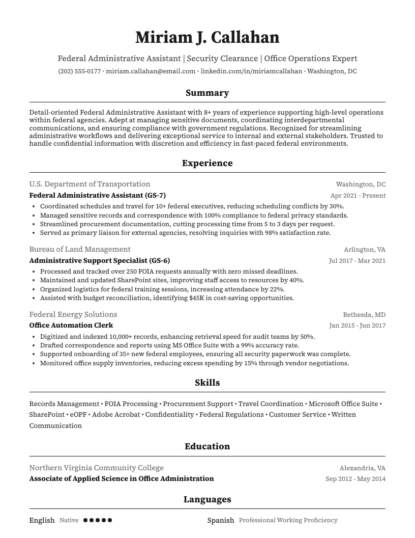 Federal Administrative Assistant Resume Example