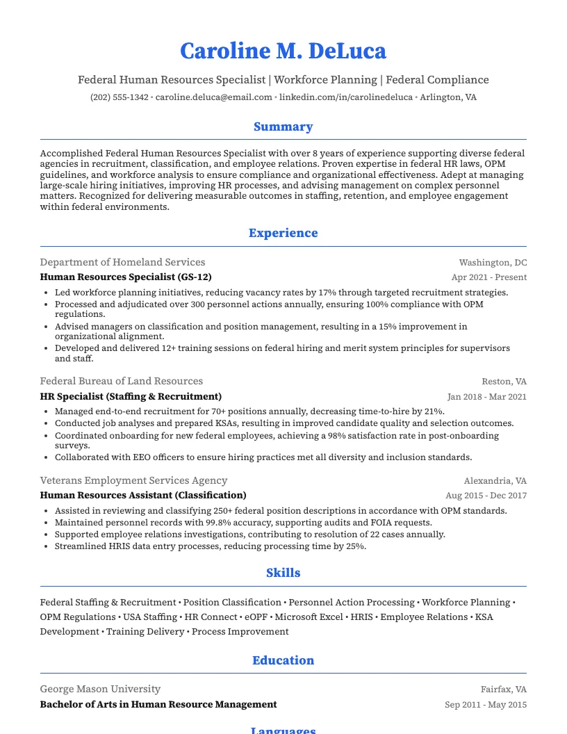 Federal Human Resources Specialist Resume Example