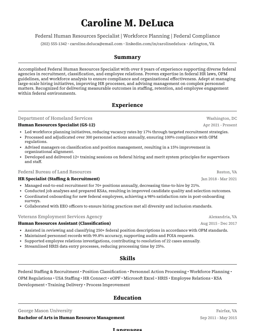 Federal Human Resources Specialist Resume Example
