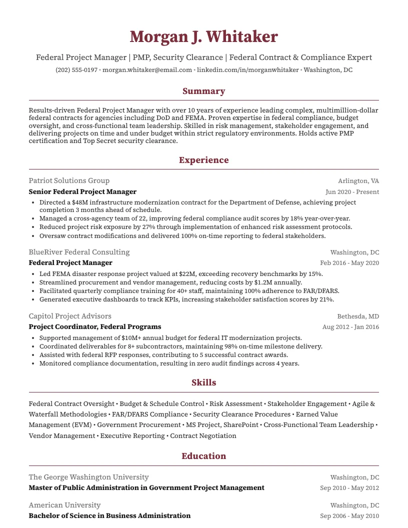 Federal Project Manager Resume Example