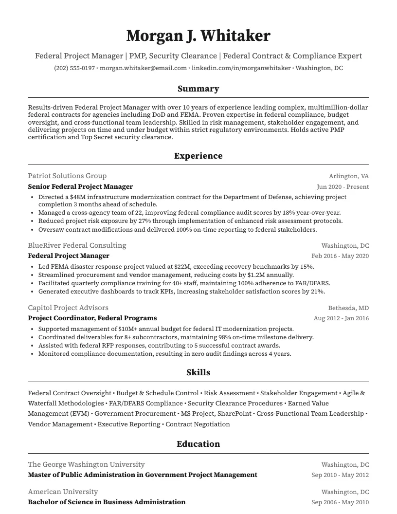 Federal Project Manager Resume Example