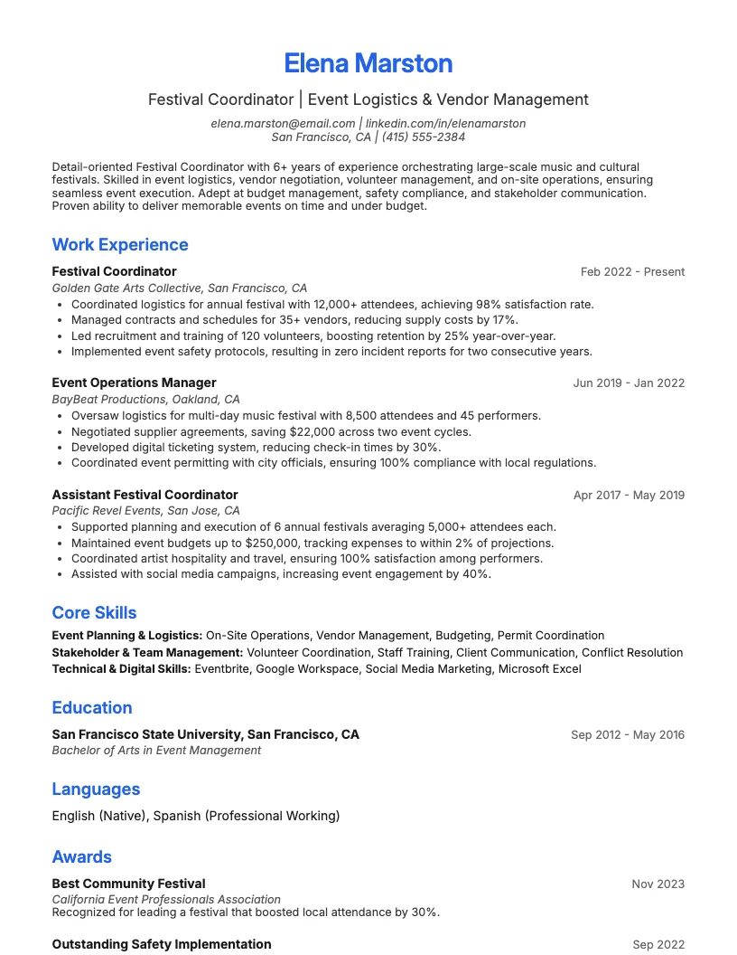 Festival Coordinator Resume Example