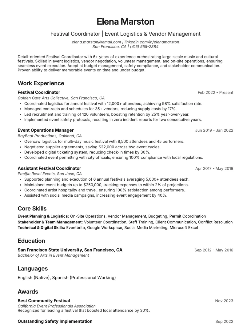 Festival Coordinator Resume Example