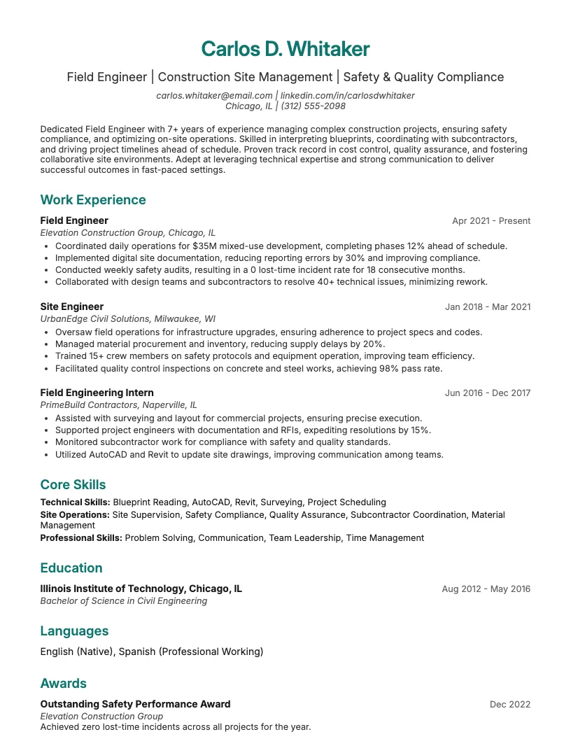 Field Engineer Construction Resume Example