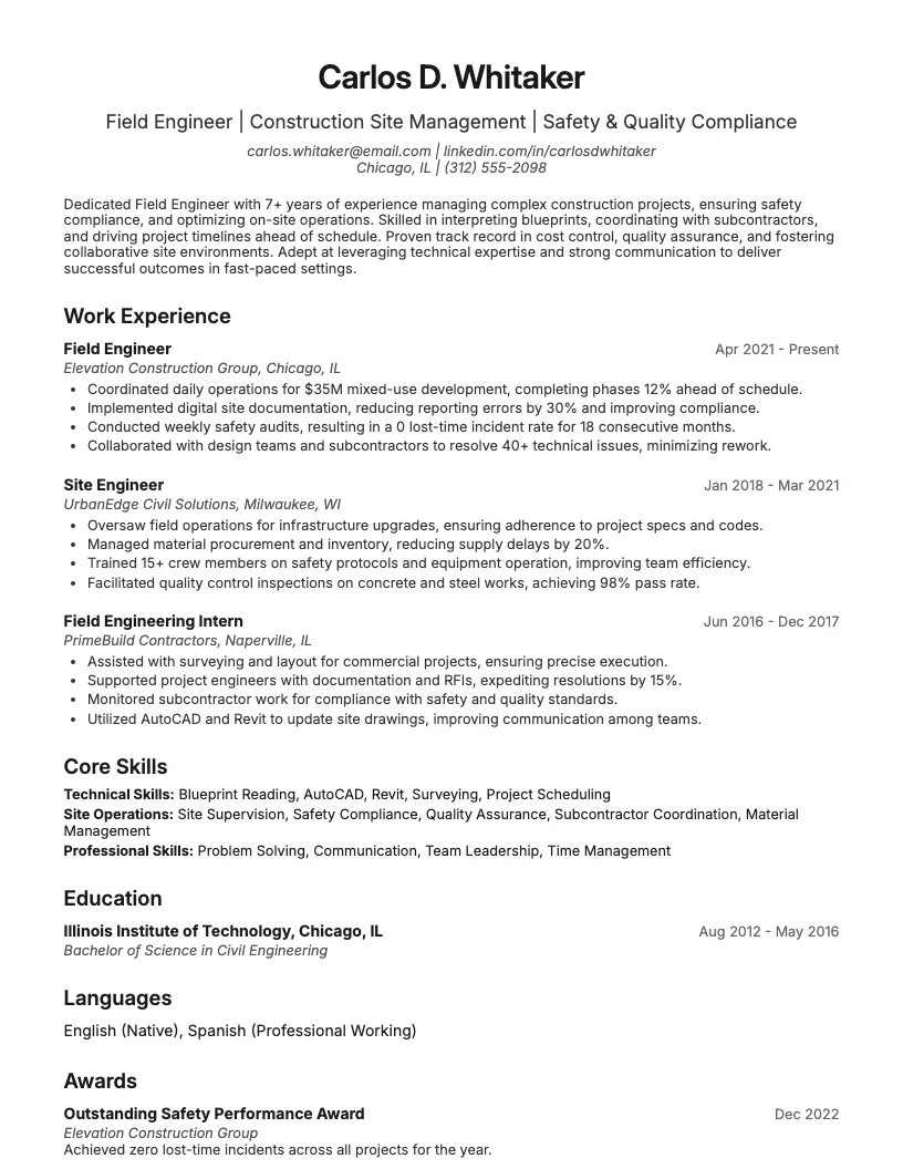 Field Engineer (Construction) Resume Example