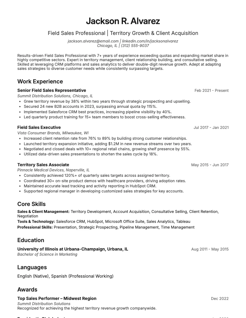 Field Sales Professional Resume Example