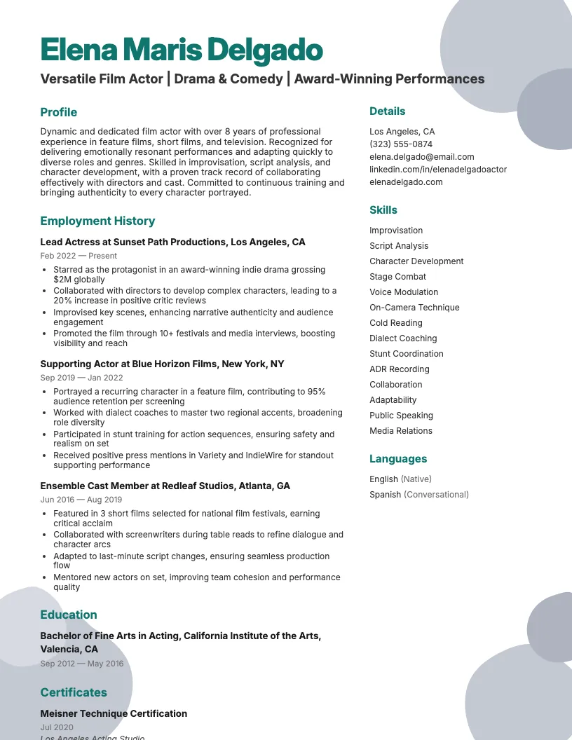 Film Actor Resume Example