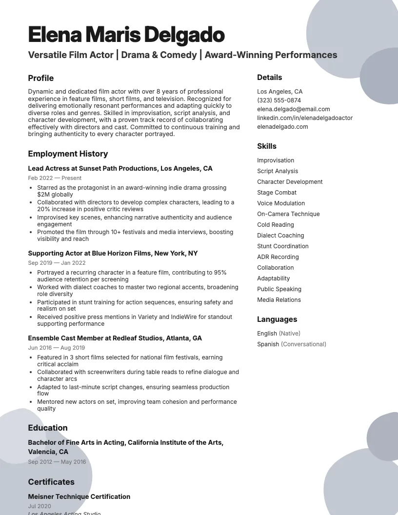 Film Actor Resume Example