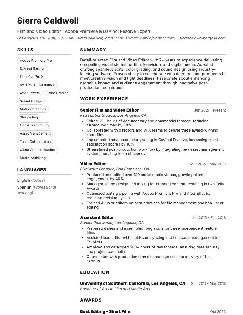 Film And Video Editor Resume Example