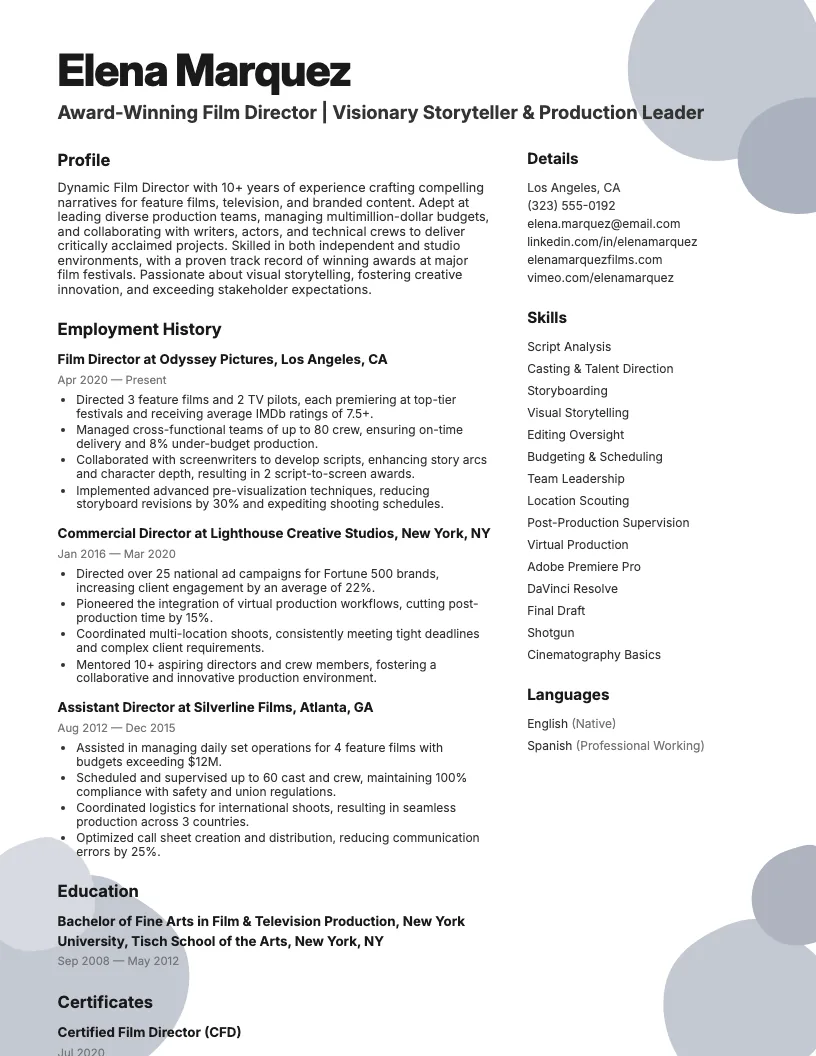 Film Director Resume Example