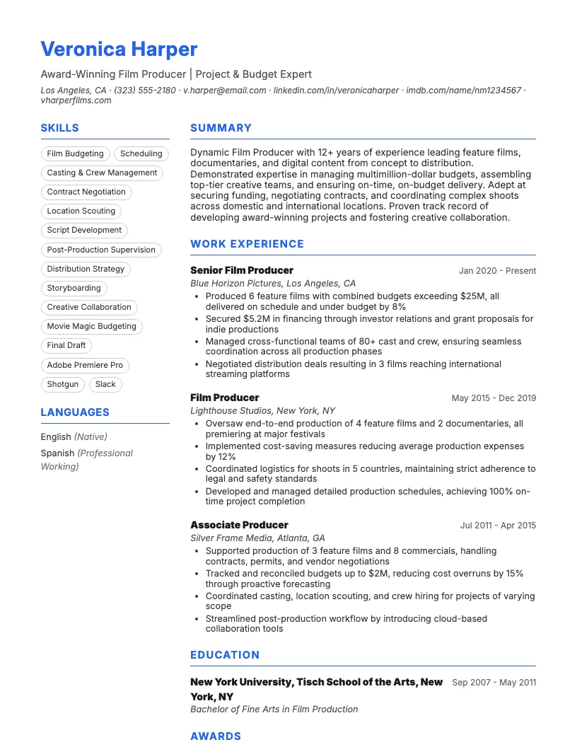 Film Producer Resume Example