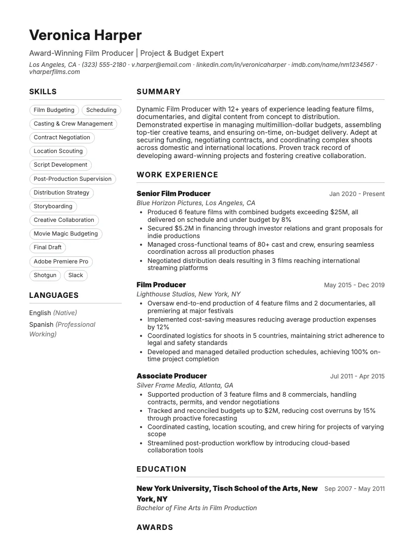 Film Producer Resume Example